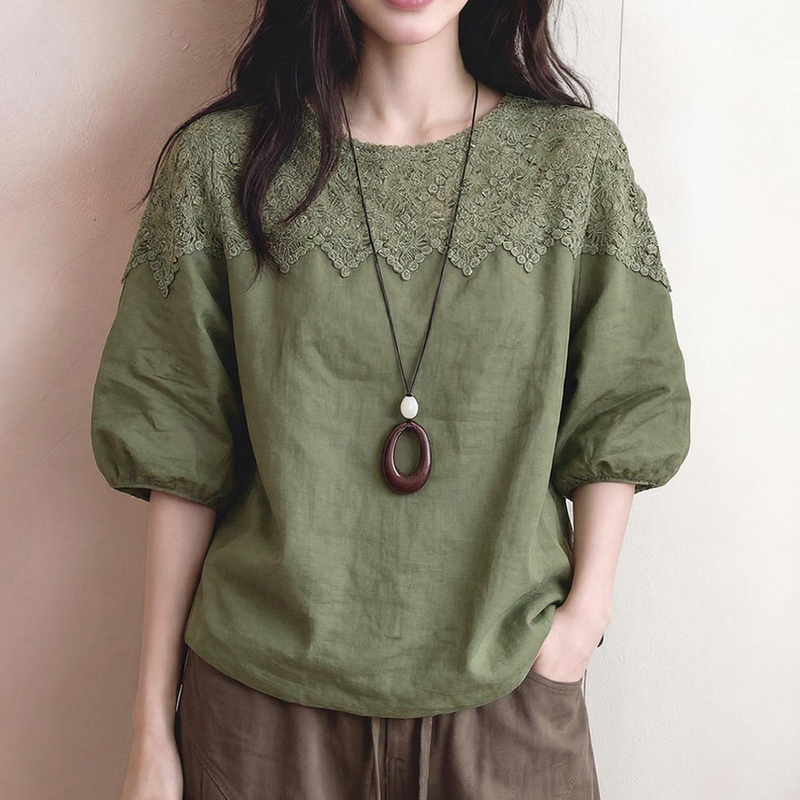 European Retro Loose Round-Neck Lace-Trimmed Half-Sleeve Shirt for Women, 2026 Early Autumn New Casual Slimming Top European Retro Loose Round-Neck Lace-Trimmed Half-Sleeve Shirt for Women, 2026 Early Autumn New Casual Slimming Top