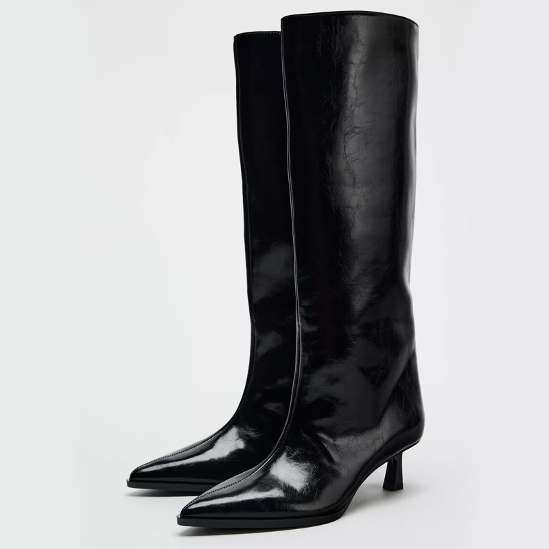 Za2024 Autumn and Winter New Women's Shoes Black Wide Boot Shaft Pointed Toe Kitten Heel High Tube Trouser Boots British Style Fashion Boots