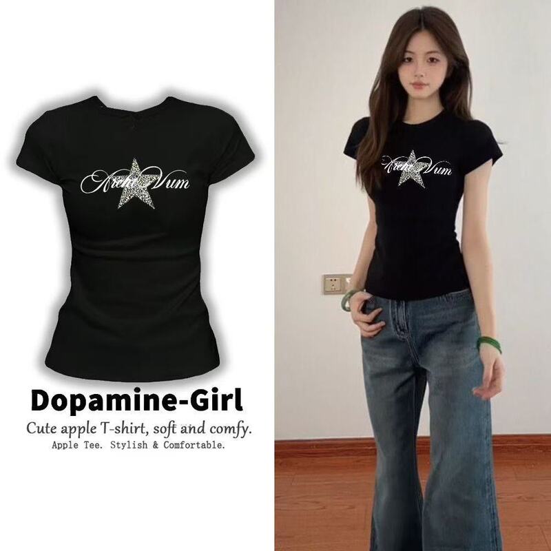 American-Style Spicy Girl Star Leopard Print Letter Print Short-Sleeve Regular Shoulder T-Shirt Design Summer 2026 Slim Fit Top