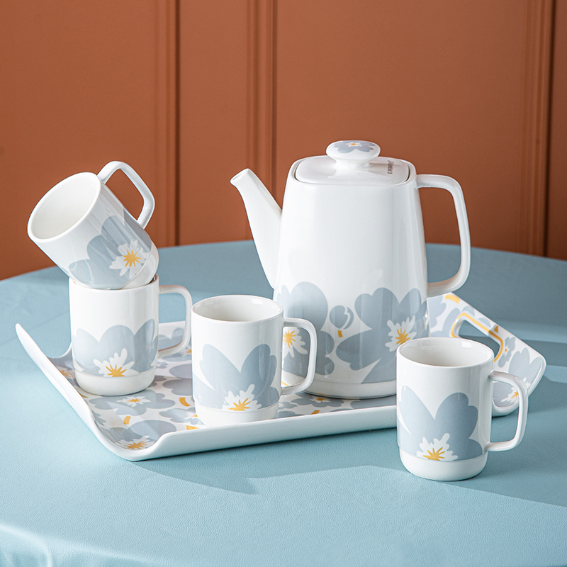 Living Room Household Ceramic Water Set, Flower and Herb Tea Set, Extra-Large Ceramic Teapot, Ceramic Cup with Porcelain Tray, High Aesthetic Value