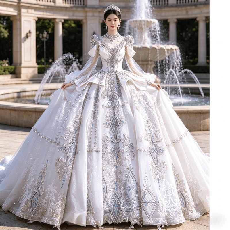 2026 New French Haute Couture Wedding Dress, White, Heavily Embellished, Luxurious and High-End, Suitable for Petite Brides