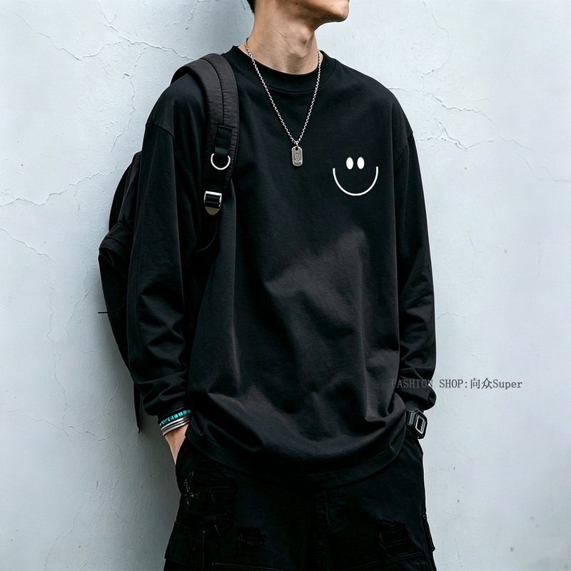 Black T-Shirt for Men, Versatile for Autumn, Relaxed Fit, 100% Pure Cotton, Loose Casual Long-Sleeve Base Shirt