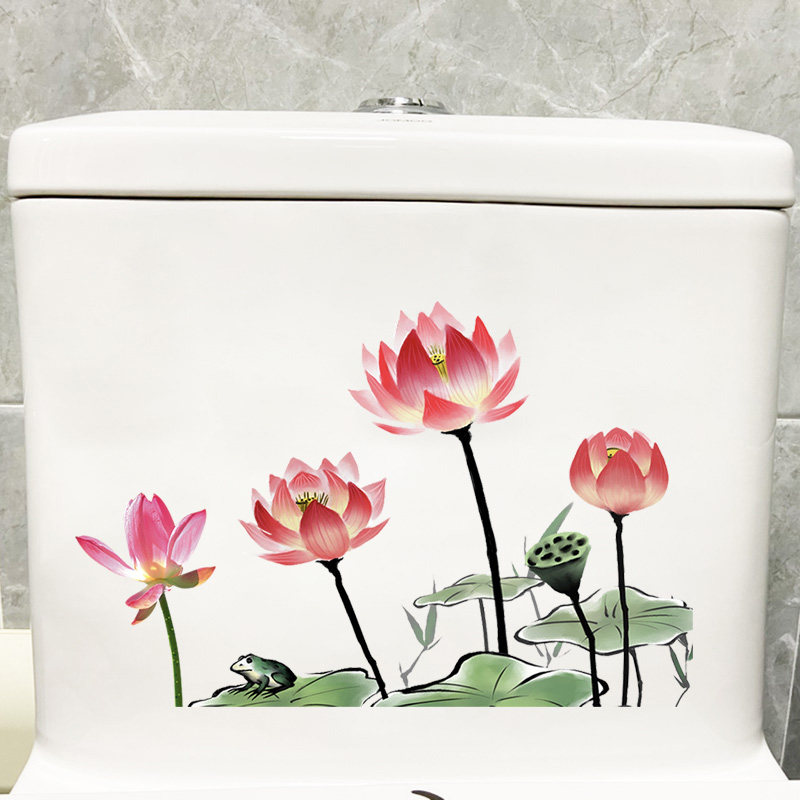 Cruise Class Hand-painted Lotus Classical Toilet Sticker Waterproof Self-Glued Toilet Decoration Applique-painting Bathroom Wall Sticker-Taobao