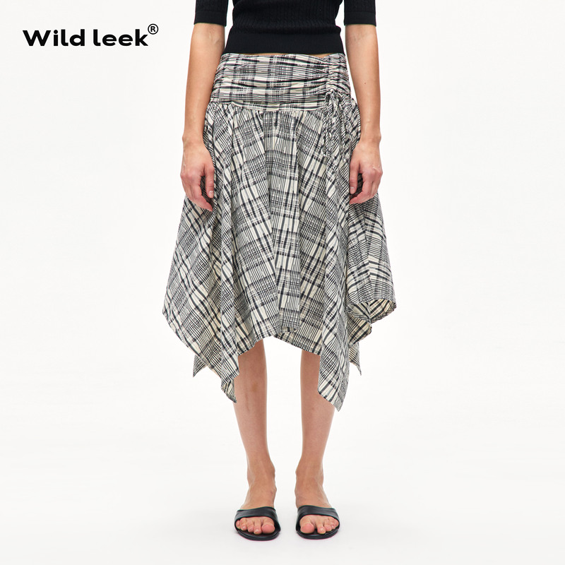 Wild Leek Original Irregular Plaid Skirt for Women with Heavy Craftsmanship, Drawstring Waistband, Pleated Design to Cover the Hips, A-Line Skirt