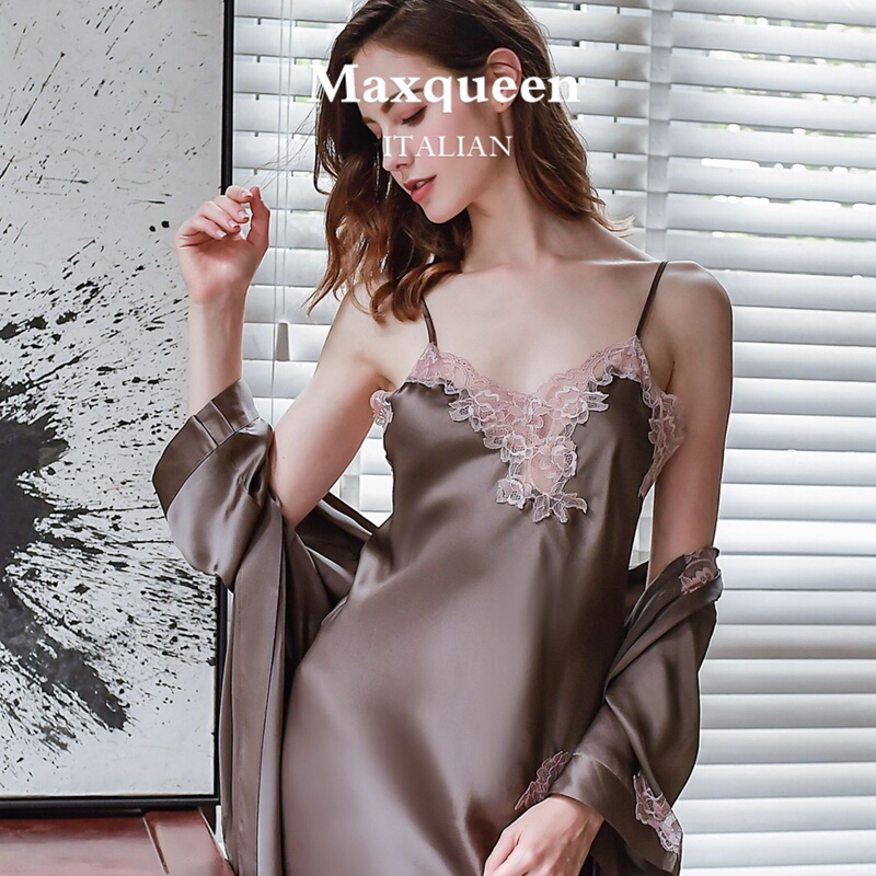 Maxqueen26 New Heavyweight Spring and Autumn Silk Women's Nightgown 100% Mulberry Silk Pajamas Sexy Suspender Set