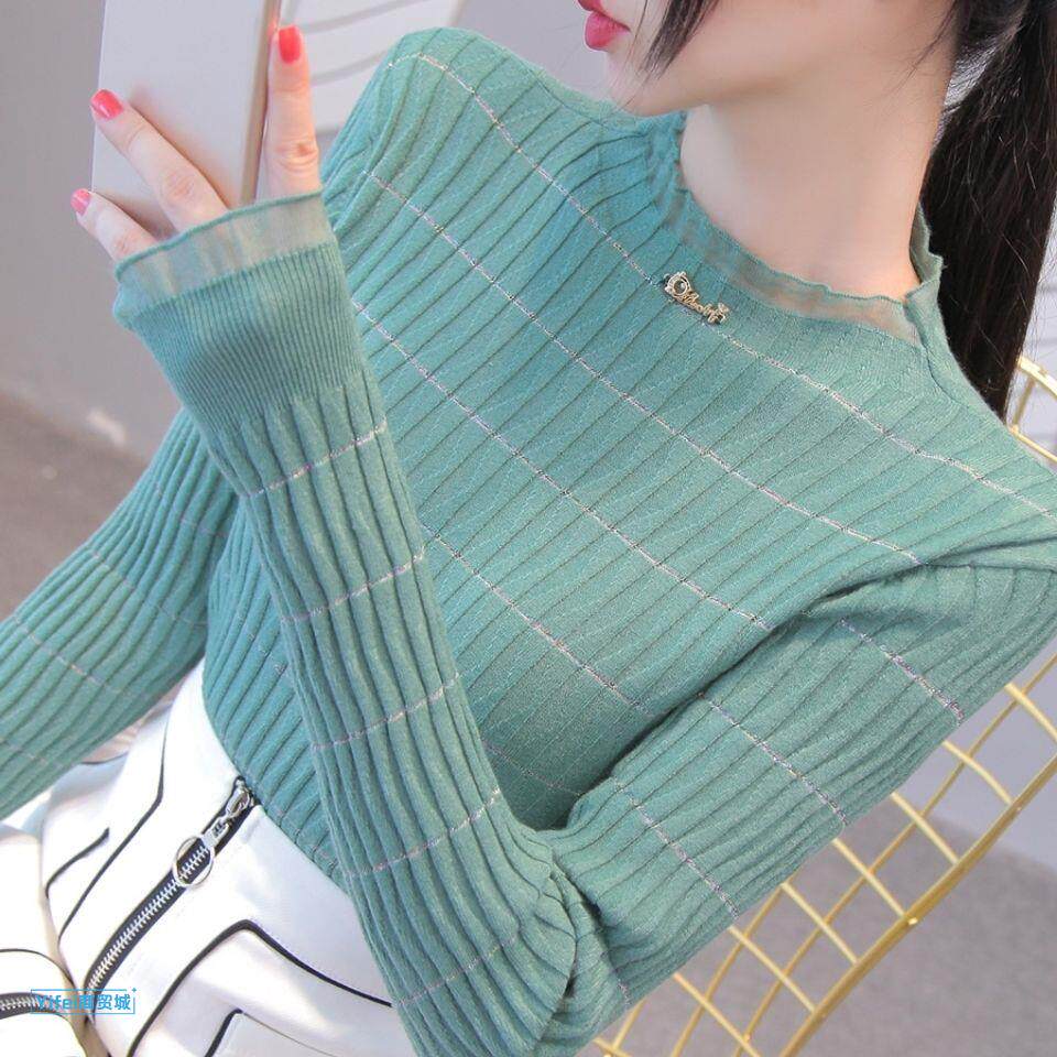 Autumn-winter new lotus leaf collar Long sleeves Knitted Sweatshirt Lady sweaters the undershirt net yarn Mesh Side Coat-Taobao