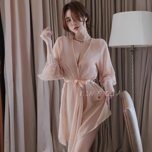 Тонкая сексуальная пижама, шелковый летний банный халат, кружевной комплект, изысканный стиль, 2025 года