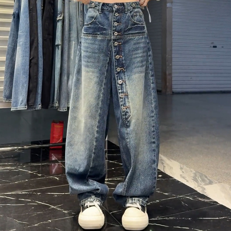 High Street Button-Up Patchwork Scimitar Jeans for Women, 2026 Autumn New Style, Slimming High-Waisted Loose Wide-Leg Pants High Street Button-Up Patchwork Scimitar Jeans for Women, 2026 Autumn New Style, Slimming High-Waisted Loose Wide-Leg Pants