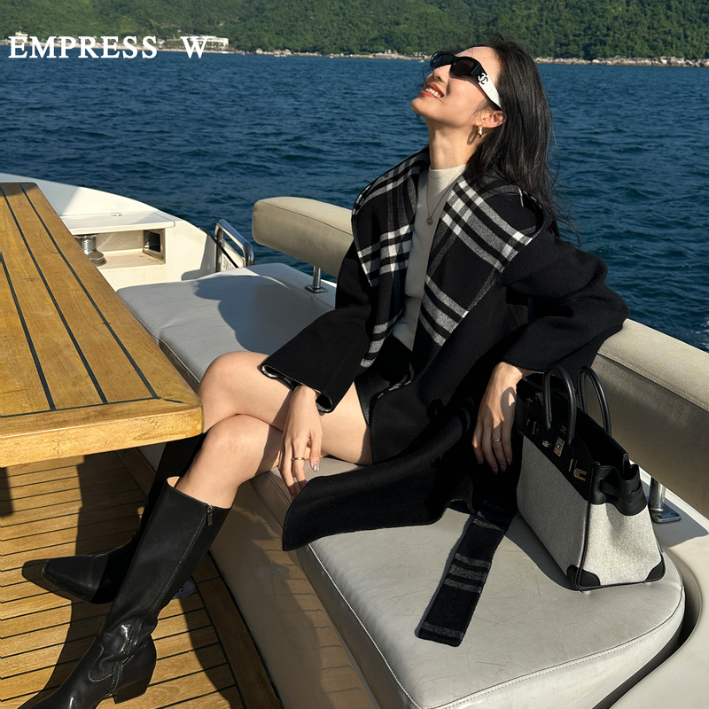 Empress W British Plaid Double-Sided Wool Coat Cashmere Wool Scarf Set + Bathrobe with Tie