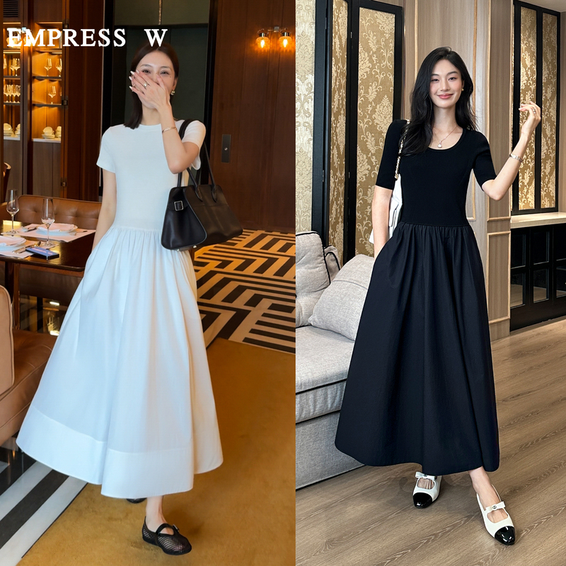 【New Style Wool Blend Patchwork Dress】Patchwork Short-Sleeve Knitted Waist-Cinching Long Skirt/Dress