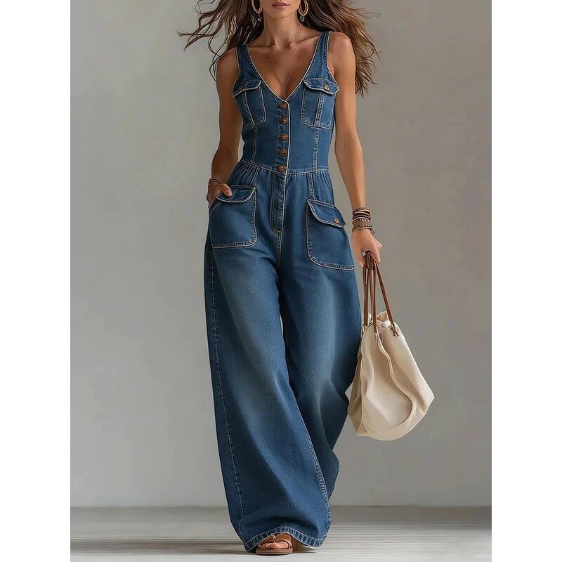 European and American Women's Straight-Leg Loose Suspender Denim Sleeveless Jumpsuit European and American Women's Straight-Leg Loose Suspender Denim Sleeveless Jumpsuit