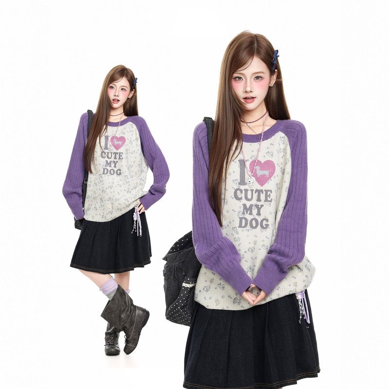 Htym Korean-Style Fun Heart-Print Raglan Sleeve Knitted Sweater for Women, Loose Casual Versatile Pullover Sweater for Autumn Htym Korean-Style Fun Heart-Print Raglan Sleeve Knitted Sweater for Women, Loose Casual Versatile Pullover Sweater for Autumn