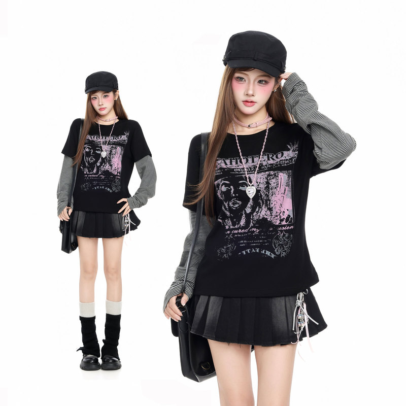 Htym American-Style Light Striped Color-Blocking Long-Sleeve T-Shirt for Women, Autumn College Style Fake Two-Piece Round Neck Top Trendy