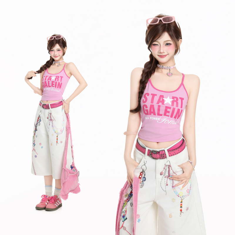 Htym Sweet Dopamine Letter Print Camisole for Women, New Summer Slim-Fit Short Top ins