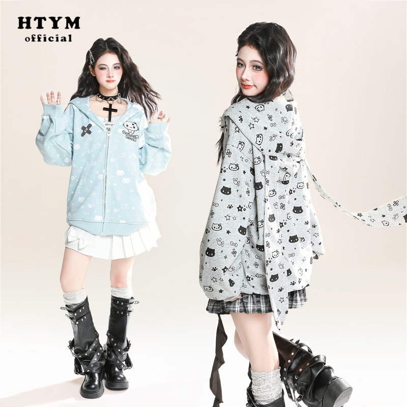 Htym Sweet and Cool Cute Cat All-Over Print Bunny Ears Hooded Sweatshirt Jacket for Women, Autumn Age-Reducing Hoodie Top Trendy