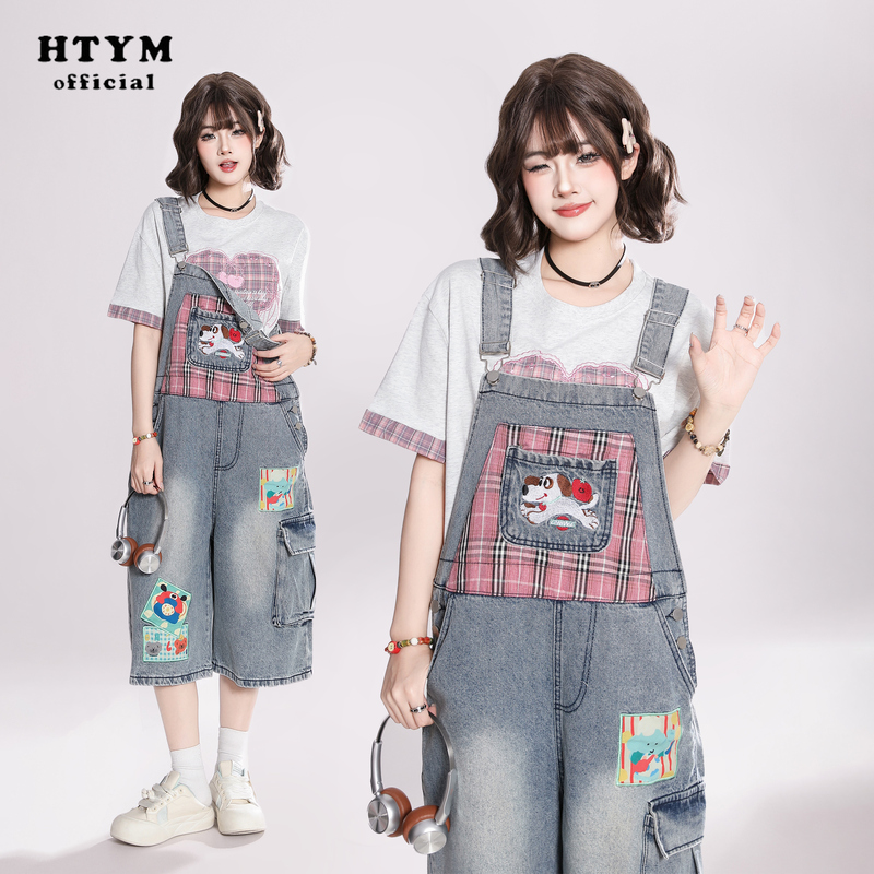 Htym American-Style Fun Puppy Embroidered Washed Denim Overalls for Women, Summer Loose-Fitting One-Piece Cropped Pants, Trendy Shorts