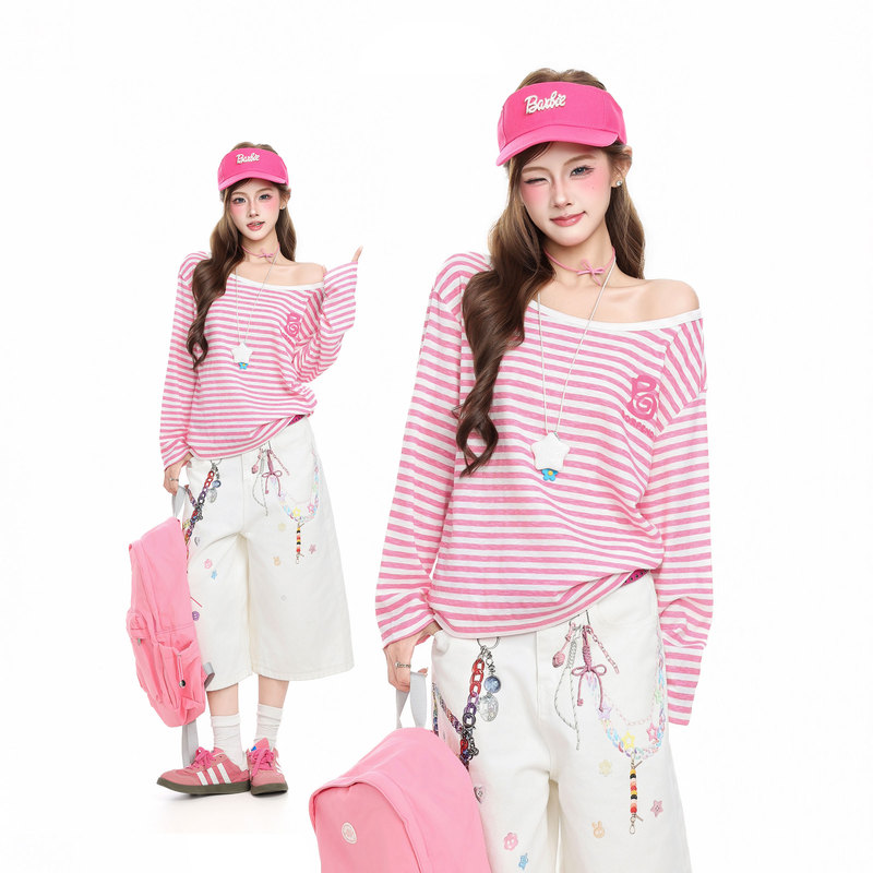 Htym Korean Style Sweet Pink Striped Off-Shoulder Long-Sleeve T-Shirt for Women, Autumn Loose Lightweight Sun-Protective Cover-Up Slimming Top Htym Korean Style Sweet Pink Striped Off-Shoulder Long-Sleeve T-Shirt for Women, Autumn Loose Lightweight Sun-Protective Cover-Up Slimming Top