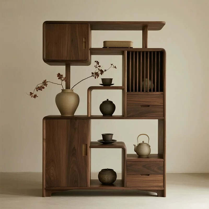 New Chinese-Style North American Black Walnut Solid Wood Display Shelf, Song-Style Aesthetic High-End Multi-Treasure Cabinet Tea Cup Rack Display Cabinet New Chinese-Style North American Black Walnut Solid Wood Display Shelf, Song-Style Aesthetic High-End Multi-Treasure Cabinet Tea Cup Rack Display Cabinet