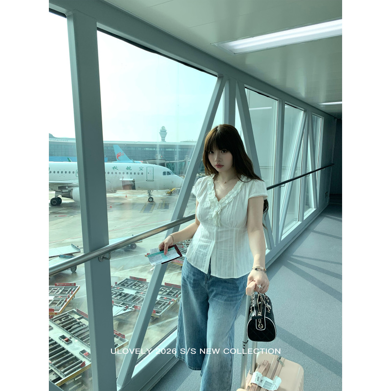 Ulovely Slightly Chubby mm "Graceful Daily Style" Korean-Style Beautiful White Shirt with Ruffled Edges and a V-Neck with a Cinched Waist
