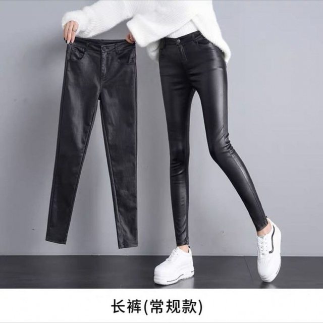 Thickened leather pants for women in autumn and winter black slimming plush and unfilled leather tights for women in women