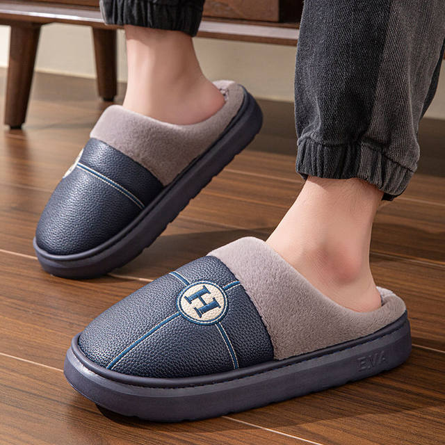 Autumn and Winter Indoor and Outdoor Men's Pu Leather Fleece-Lined Thick-Soled Warm Waterproof Non-Slip Extra-Large Size Cotton Slippers