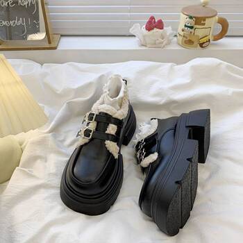 2024 Winter New Style Thick-Heeled Plush-Lined Warm British-Style Thick-Soled Leather Shoes for Women Loafers