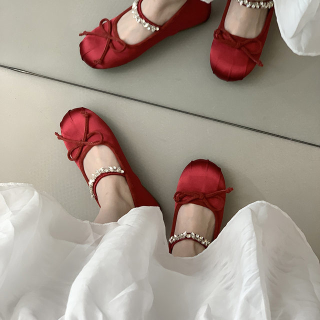 Women's French-Style Mary Jane Shoes with 4cm Hidden Height Increase, Red Rhinestone Ballet Shoes for Spring/Summer 2025