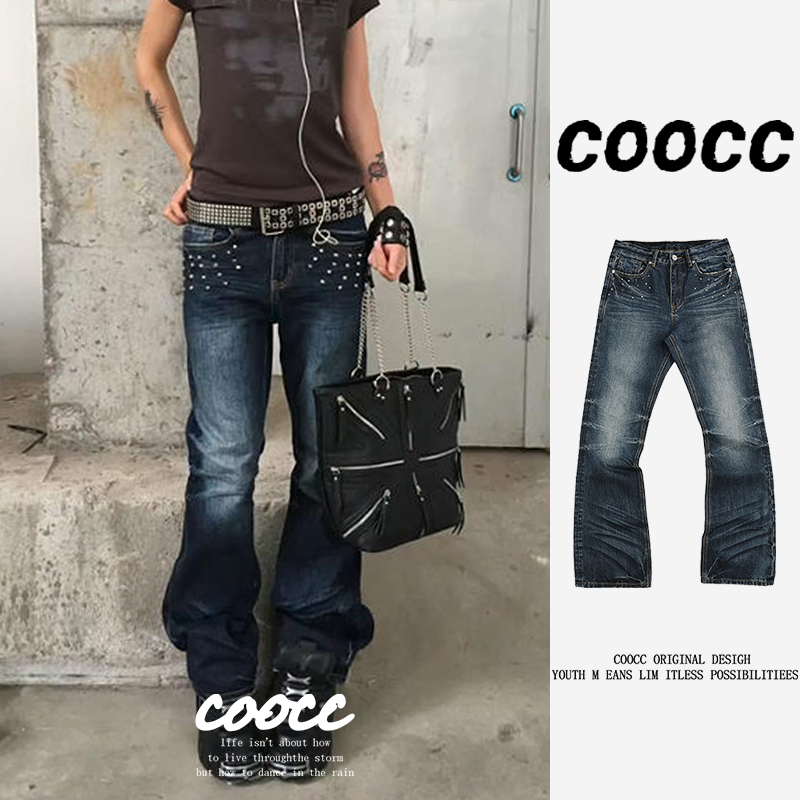 American Retro Style Spiked Claw Print Flared Jeans for Men, Street Style Straight Loose Washed Blue Vibe Long Pants