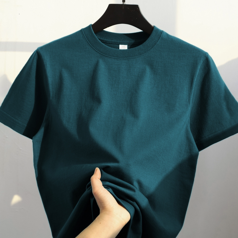 Peacock Blue 300g Heavyweight Pure Cotton Short-Sleeved T-Shirt for Men and Women, Summer Loose Casual American Retro Dark Green Half-Sleeve Peacock Blue 300g Heavyweight Pure Cotton Short-Sleeved T-Shirt for Men and Women, Summer Loose Casual American Retro Dark Green Half-Sleeve