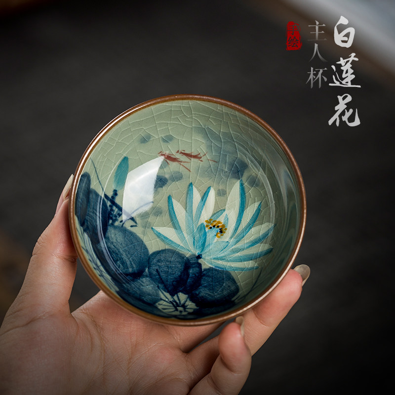 Jingdezhen Ceramic Hand-painted Firewood Kiln Old Pottery Clay Lotus Blossom Open Sheet Crack Tea Cup Master Single Cup Lid Bowl Handmade Gift-Taobao