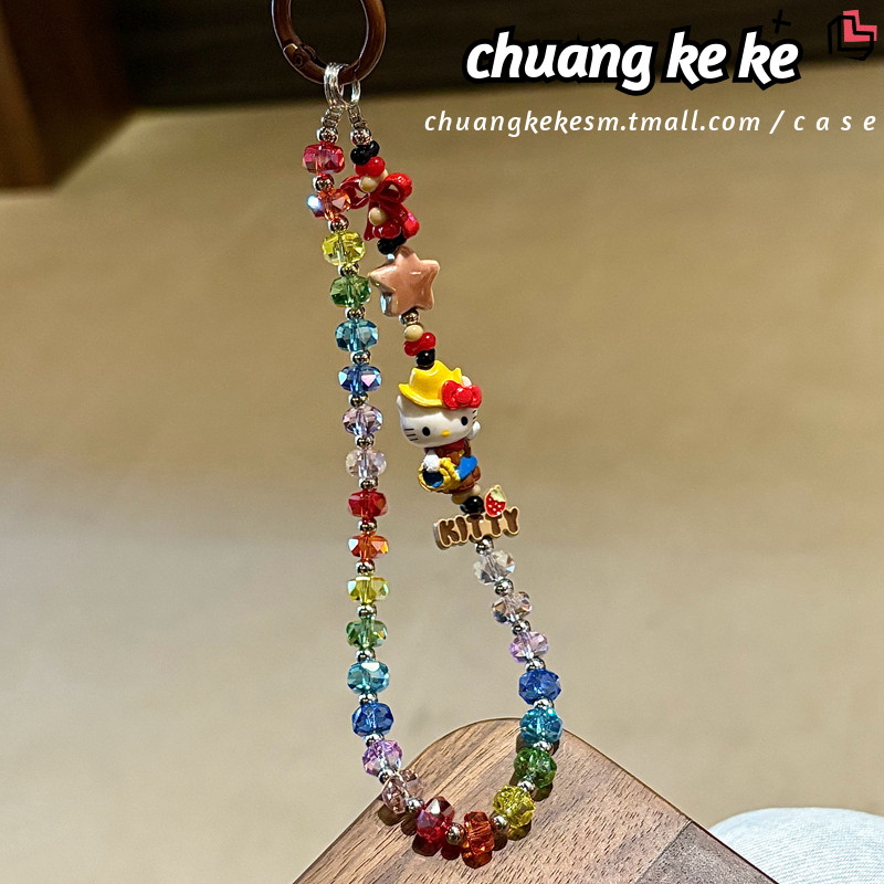 【Chuang Ke Ke】Original DIY mobile phone chain, ins style, childlike fun, dopamine-inducing, colorful crystal Hello Kitty phone case lanyard, DIY beaded camera chain, keychain, earphone cover, bag charm