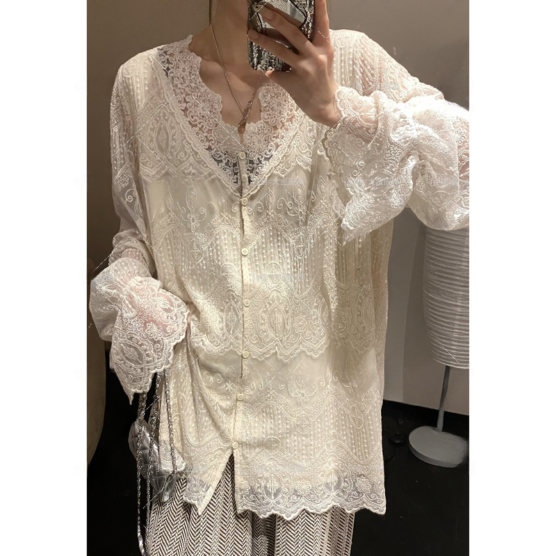 Женская весенне-осенняя рубашка с французским кружевным низом в стиле 