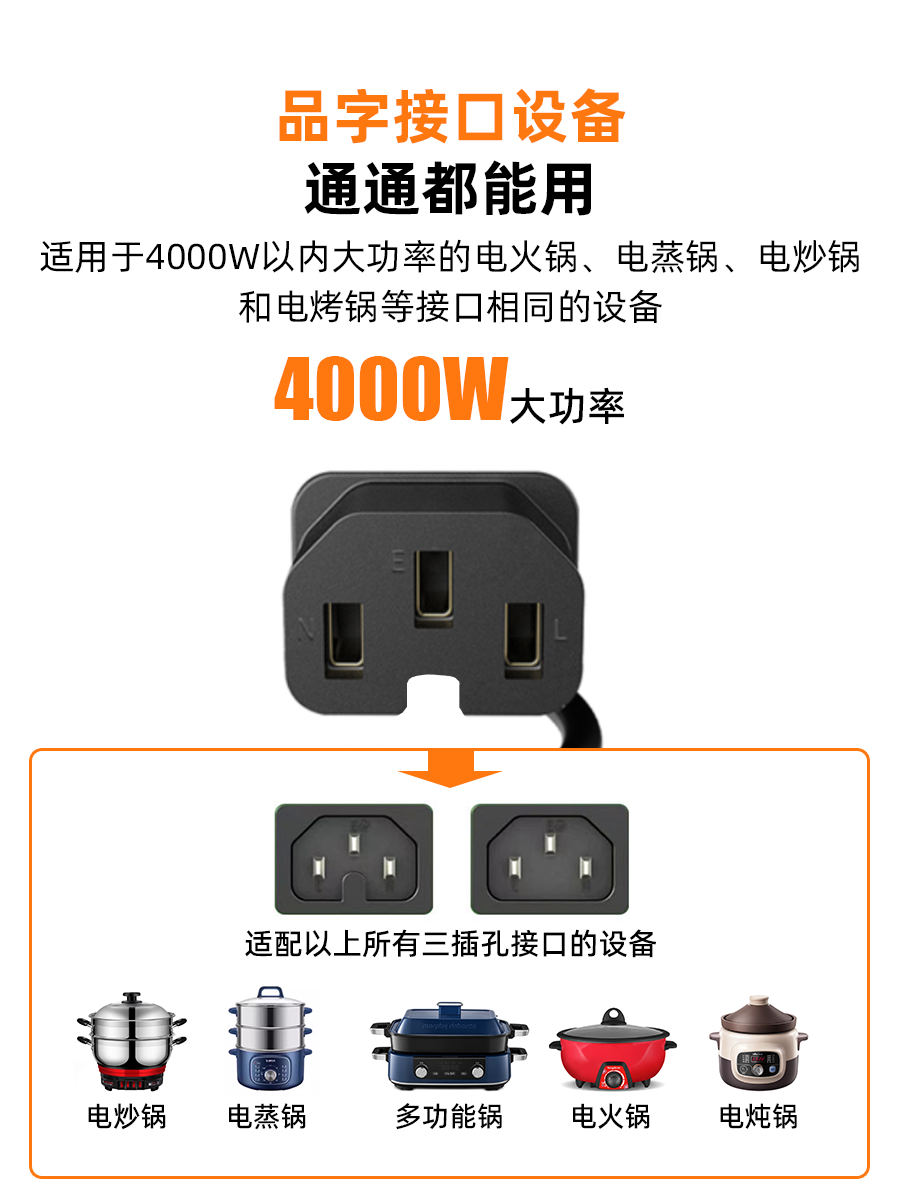 Suitable for Supor Electric Steamer and Electric Frying Pan Power Cord, Three-Hole Groove Universal Extended High-Power Plug Cord