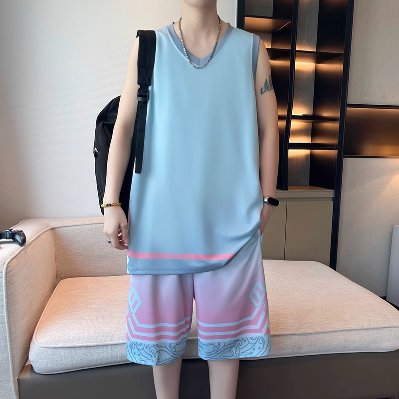Teenagers' Pajamas, Men's Ice Silk Vest Set, Summer Thin Style, Boys' Junior High School Students' Sleeveless Home Clothes
