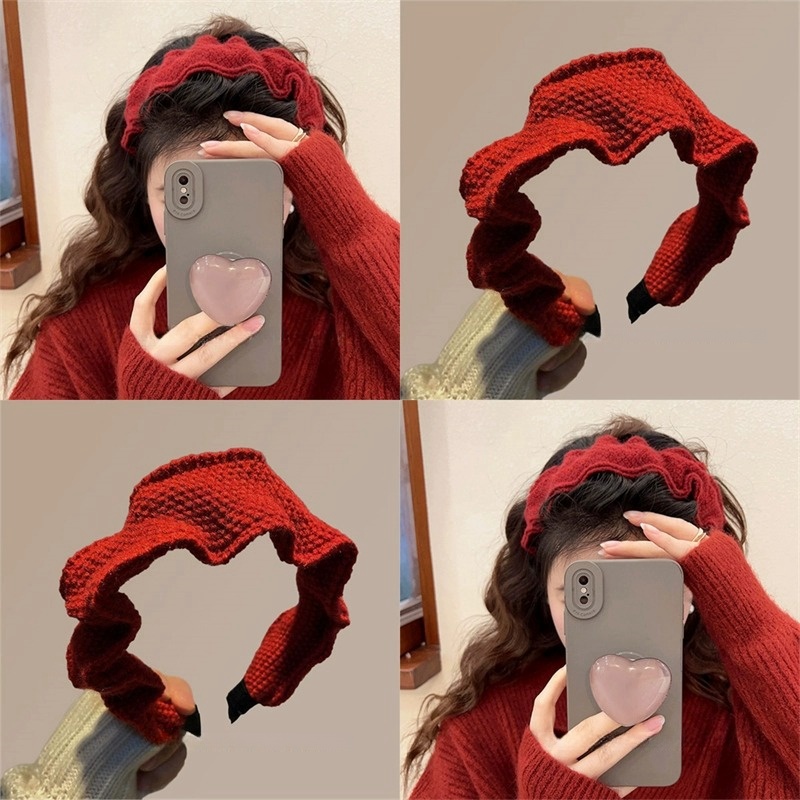 ハイスカルプリーツウールワイドバージョンヘッドバンド女性のレトロな赤ニットヘアピン頭飾り顔見せ小さなヘアアクセサリー冬