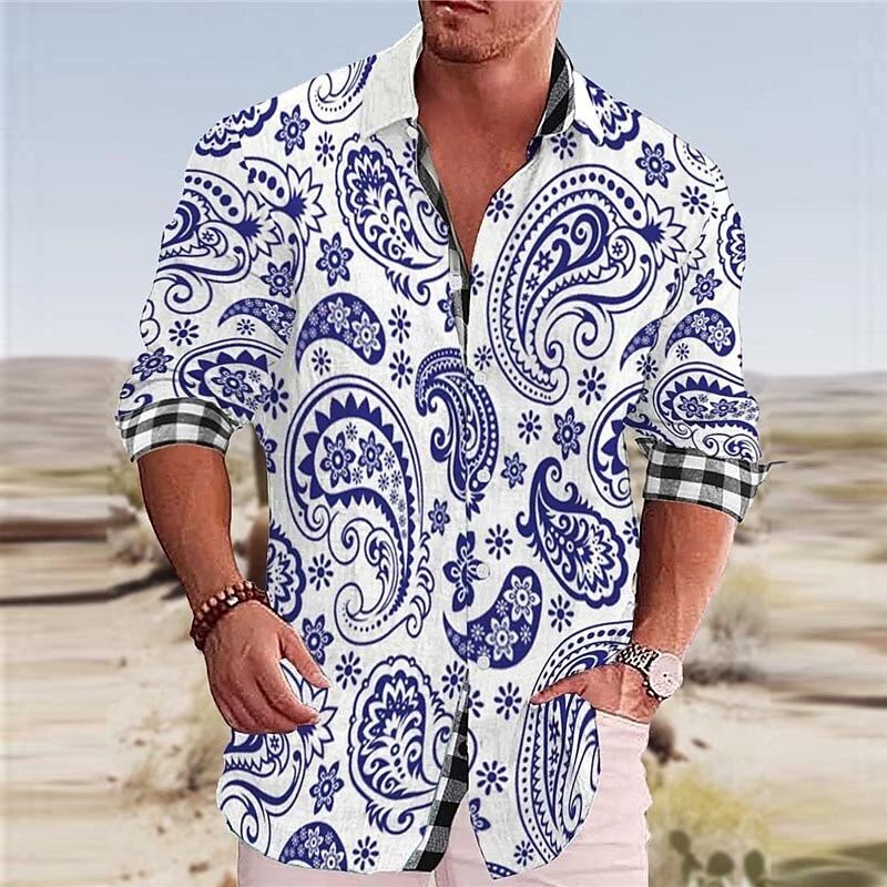European and American Style 3D Printed Collared Long-Sleeved Shirt for Men 3D Printed Collar Long-Sleeved Shirt