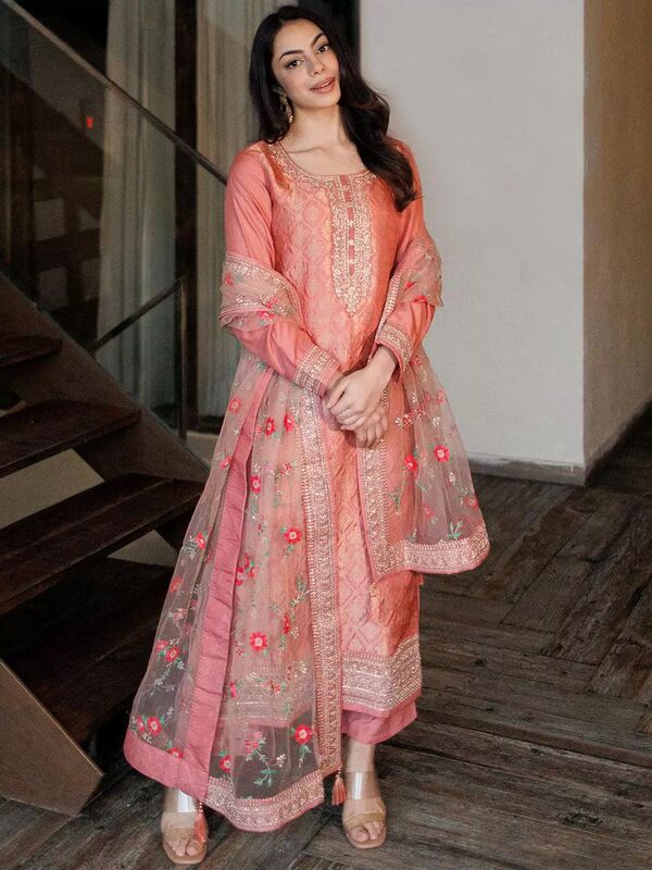 Indian Pink Lightweight Breathable Exotic Style Panjabi Three-Piece Set Indian Nepalese Women's Kurta Set