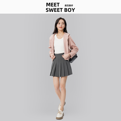 【福利】MEETSWEETBOY学院风短款百褶裙灰色短裙半身裙