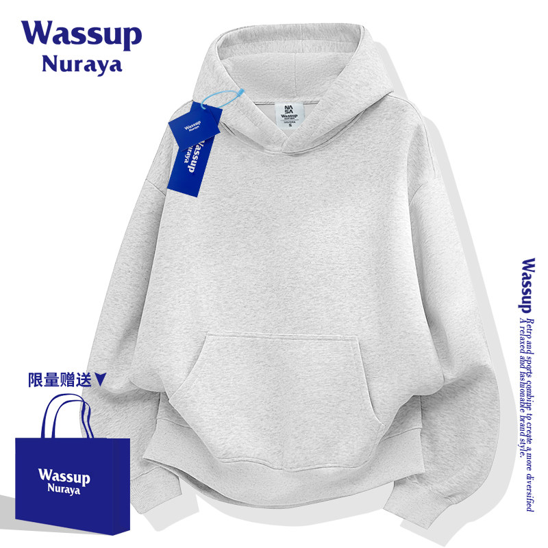 WASSUPNURAYA花灰色连帽运动衫男女秋冬新款潮流宽松青少年定制上衣