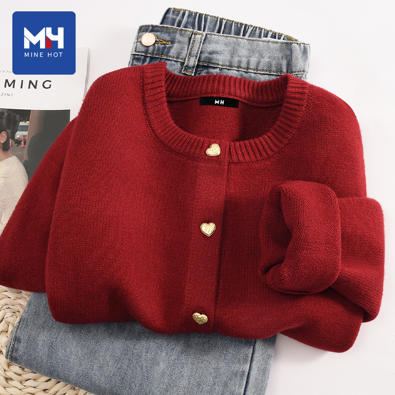 Tangshi Group Mh Red Sweater for Women 2026 New Spring, Autumn, and Winter Thickened Zodiac Year Knitted Cardigan Jacket X
