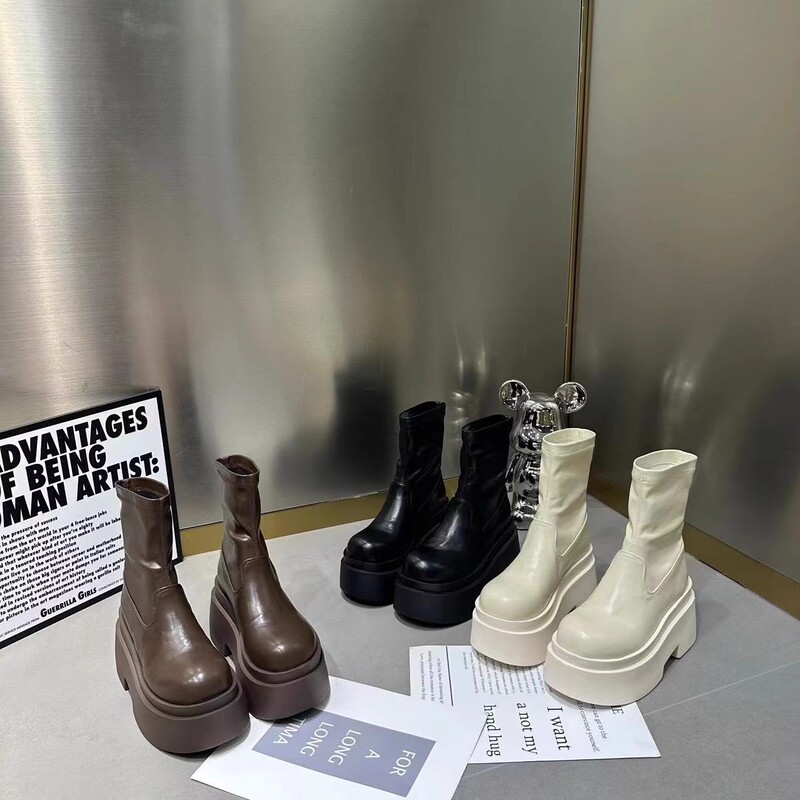 Korean Style Platform Martin Boots for Women, Waterproof Thick-Soled Short Boots, Fashionable Elastic Boots for Petite Figures, Versatile Slim Boots Korean Style Platform Martin Boots for Women, Waterproof Thick-Soled Short Boots, Fashionable Elastic Boots for Petite Figures, Versatile Slim Boots
