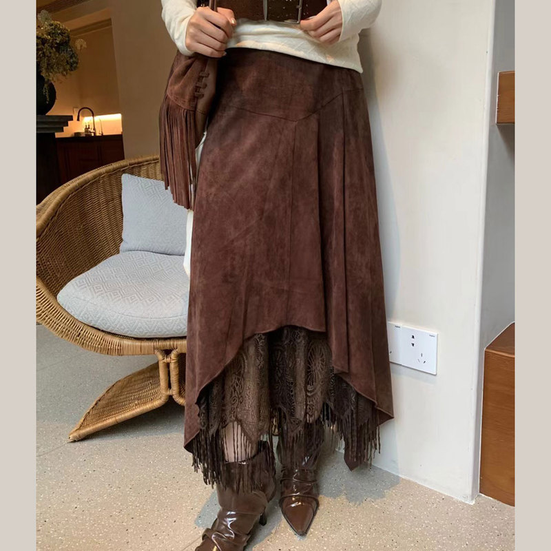 French Retro Style Suede Splicing Tassel Lace Asymmetrical Half-Length Skirt for Women with Elastic High Waist and Slimming A-Line Skirt