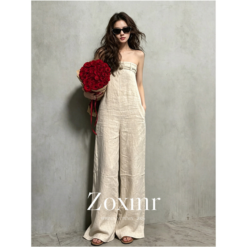 Old Money Style Outfit: Apricot-Colored Strapless Jumpsuit with a Luxurious and High-End Feel, High-Quality One-Piece Wide-Leg Jumpsuit for Women in Summer