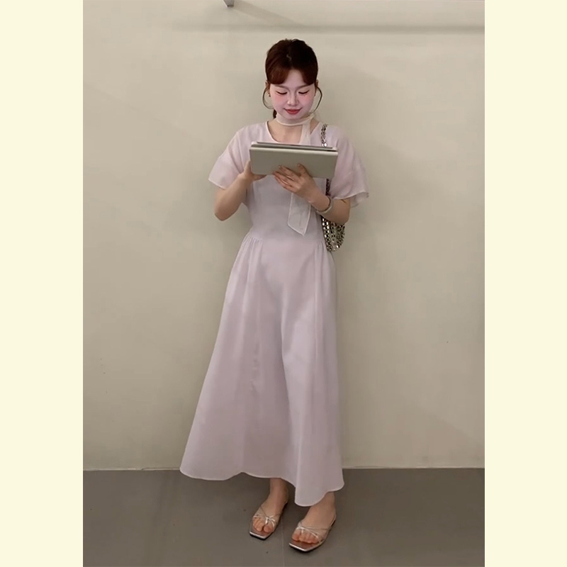 Simple and Elegant Skirt with a Gentle Korean Style, Purple Waist-Cinching Dress for Petite Women, Perfect for Summer Beach Vacations