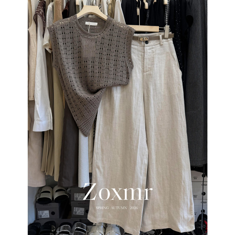 Minimalist High-Class Style Old Money Casual Coffee-Colored Hollow-Out Knit Vest Cotton-Linen Wide-Leg Pants Set Women's Summer Outfit