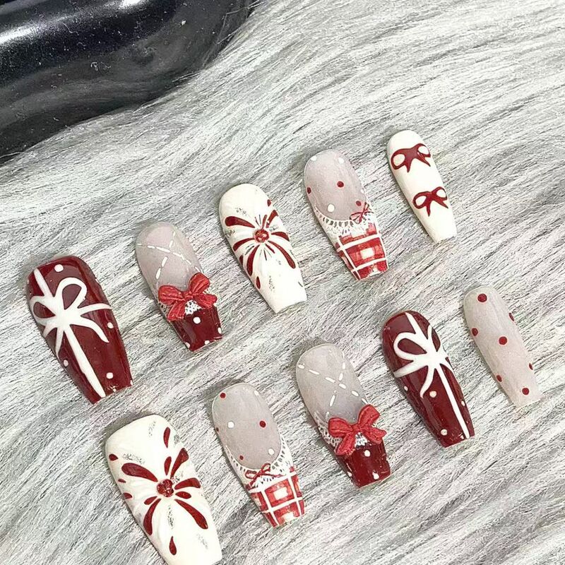 Cute Brown Christmas Nail Art with Cherry Design, Autumn and Winter Semi-Handmade New Style, Bowknot French Style, High-End and Adorable Cute Brown Christmas Nail Art with Cherry Design, Autumn and Winter Semi-Handmade New Style, Bowknot French Style, High-End and Adorable