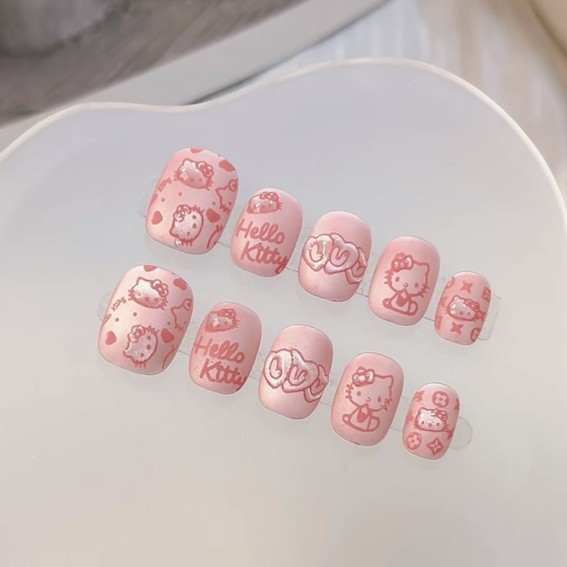 2025 Summer Cute Frosted Kitty Hand-Painted Cat Eye Wearable Nails with 3D Embellishments for a Brightening Effect on Girls' Nails