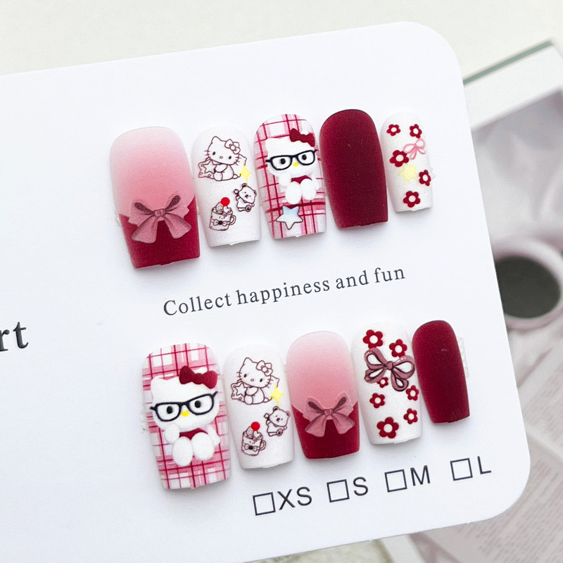 New Frosted Hello Kitty Cute Wearable Nails New Year Armor Bow Red Nails Whitening Manicure
