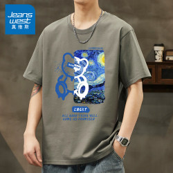 Jeanswest Heavyweight Pure Cotton Short-Sleeve T-Shirt for Men, Summer Loose Fit Versatile Tee with High-End Printed Top
