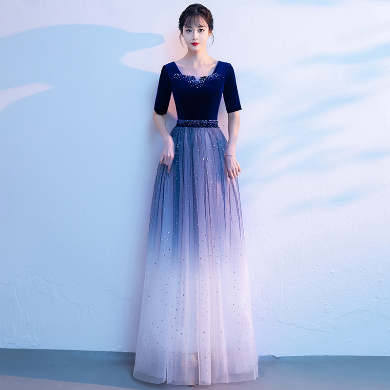 Blue Performance Attire Choir Conductor Host Evening Dress Banquet Elegant Poetry Recitation Piano Performance Attire